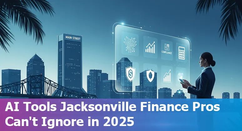 Finance professional using AI tools on a laptop with Jacksonville skyline in background