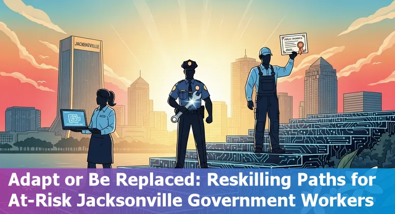 Jacksonville city hall with icons for AI and government jobs at risk