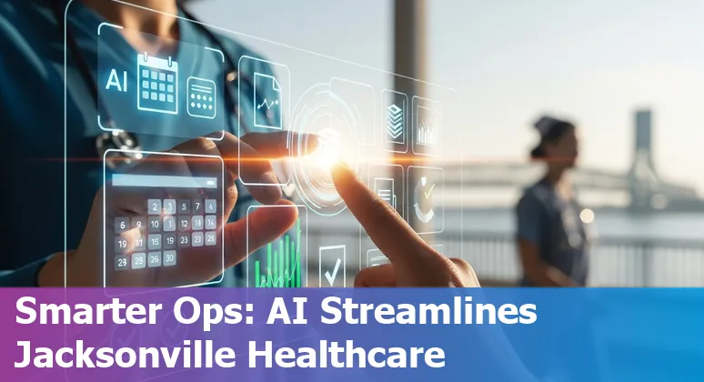 AI-assisted healthcare operations at a Jacksonville, Florida hospital showing clinicians and digital tools