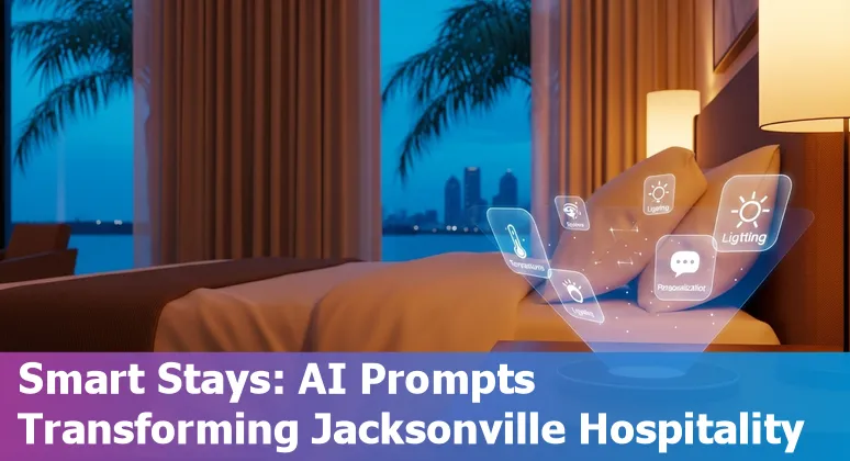Hotel concierge using AI chatbot on a tablet with Jacksonville skyline and beach in background