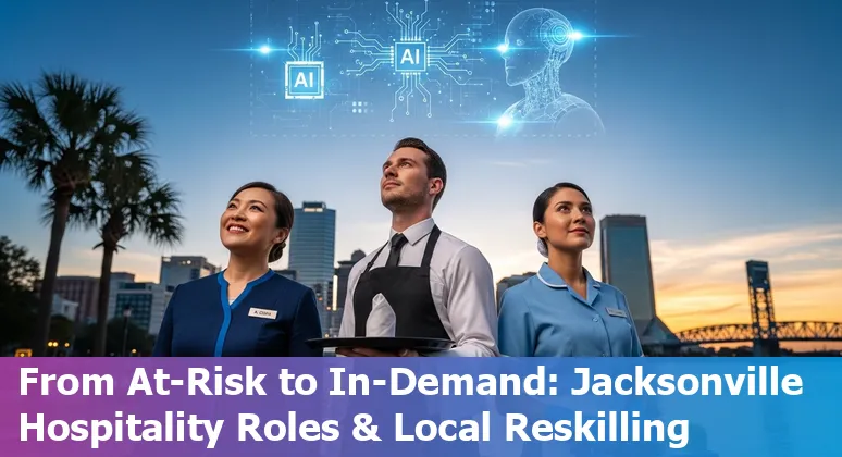 Hotel lobby receptionist interacting with a self-check-in kiosk and a digital concierge on a tablet in Jacksonville.