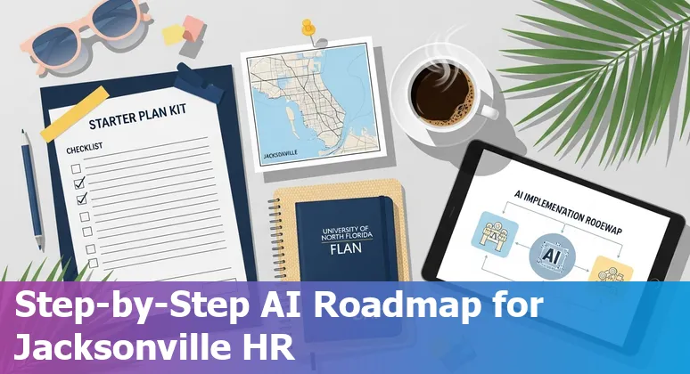 HR professional using AI tools at a Jacksonville, Florida office; UNF AI training materials visible