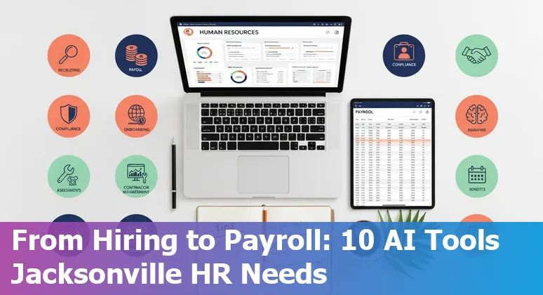 HR professional using AI tools dashboard with Jacksonville skyline in the background