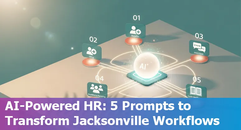 HR professional in Jacksonville using AI prompts on a laptop with Jacksonville skyline in background
