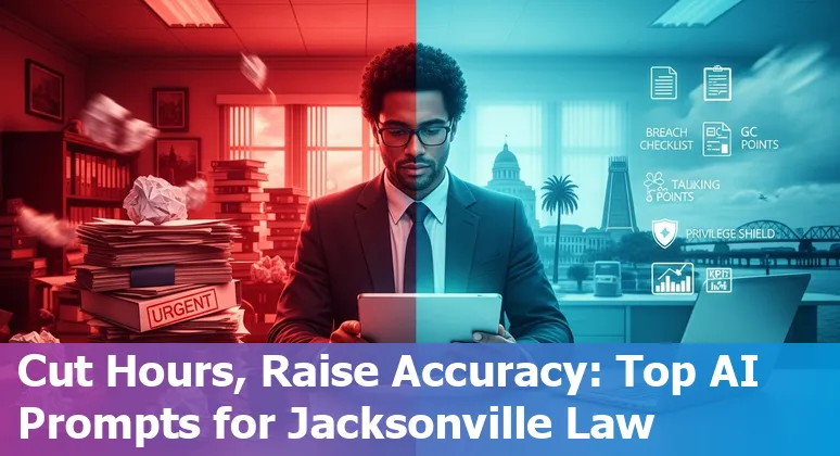 Legal professional in Jacksonville using AI prompts on a laptop with Florida map and courthouse in background.