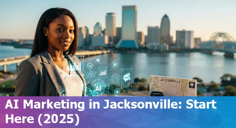Marketing professional using AI tools in Jacksonville, Florida skyline backdrop, 2025