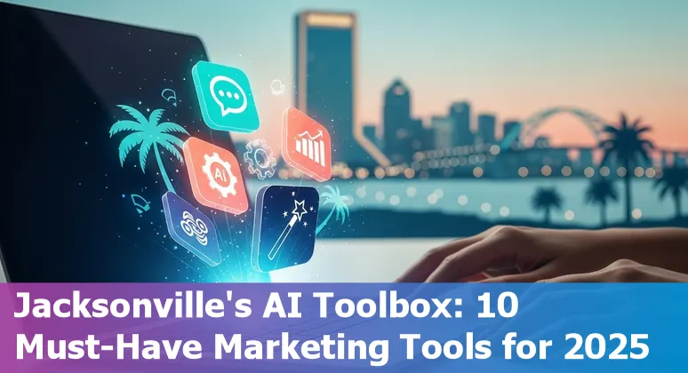 Collage of AI tool logos like Jasper AI, GPT-4, Grammarly, Surfer SEO, Lumen5, Canva, Drift with Jacksonville skyline