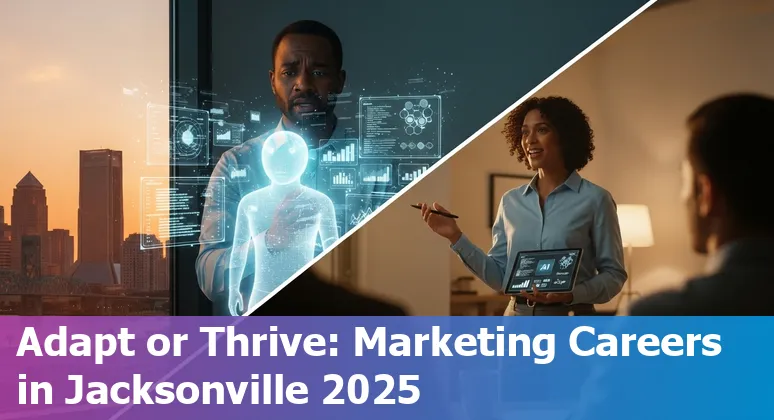 Marketing professional using AI tools on a laptop in Jacksonville, Florida skyline backdrop