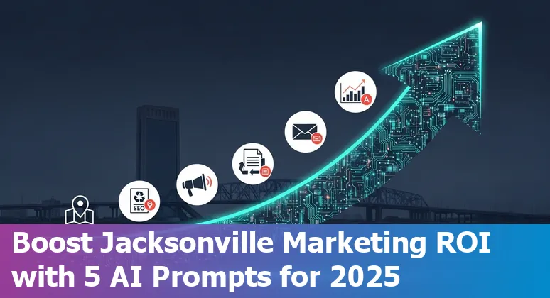 Illustration of a Jacksonville marketer using AI prompts for SEO, ads, email, social, and analytics in 2025