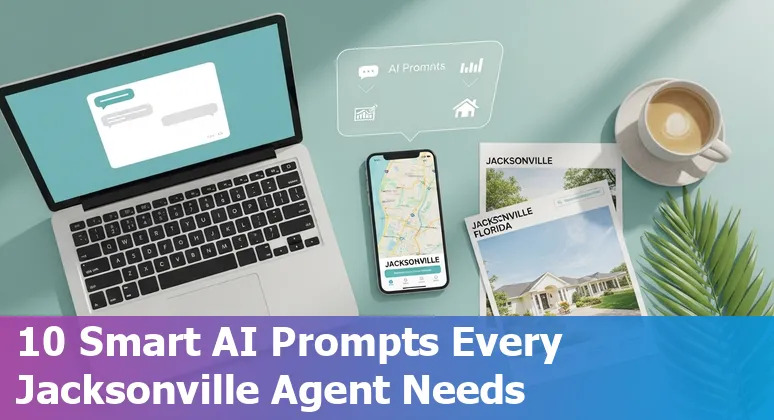 Jacksonville real estate agent using AI prompts on a laptop with JAX skyline in background.