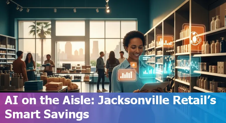 Retail worker using AI inventory tablet in a Jacksonville, Florida warehouse near JAXPORT, illustrating AI-driven efficiency