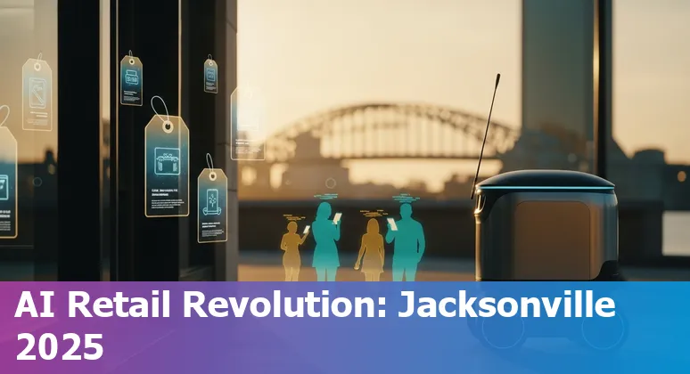 Illustration of AI applications in Jacksonville, Florida retail: store chatbot, Riverfront event ad, and AI-powered inventory dashboard