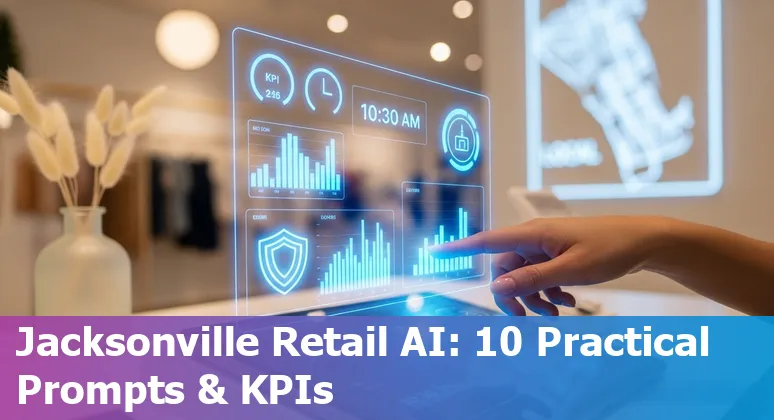 Shopper using a mobile visual-search app in a Jacksonville beachwear store with AI insights overlay.