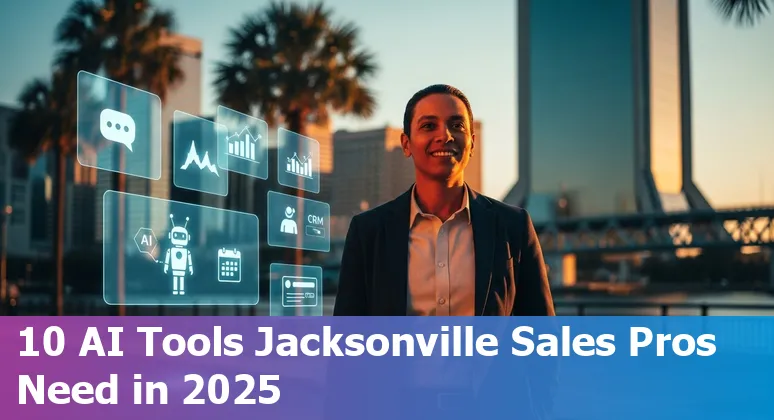 Sales rep using AI sales tools on laptop with Jacksonville skyline in the background