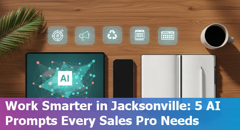 Sales professional using AI prompts on laptop with Jacksonville skyline in background
