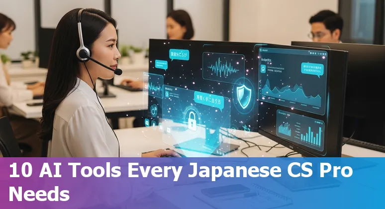 Collage of AI customer service tools and Japanese storefronts, showing chatbots, helpdesk dashboards, Shopify and translation icons