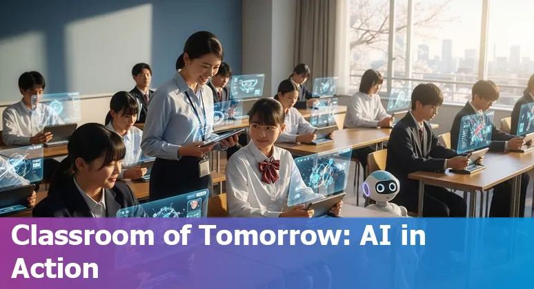 Illustration of AI in Japan classrooms in 2025 with teachers, students, and technology
