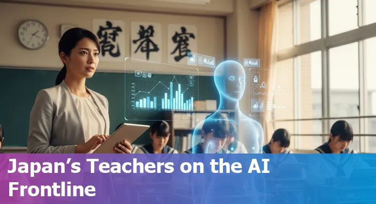 Japanese teacher and school staff using AI tools on a laptop in a classroom, illustrating AI adaptation in education jobs