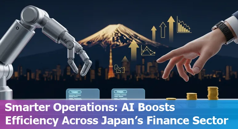Illustration of AI streamlining banking operations in Japan with chatbots, analytics charts, and security icons