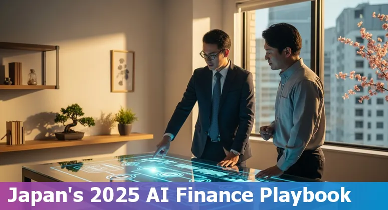 AI in Japan financial services: Tokyo skyline with chatbot, data flow and compliance icons representing AI use in Japan