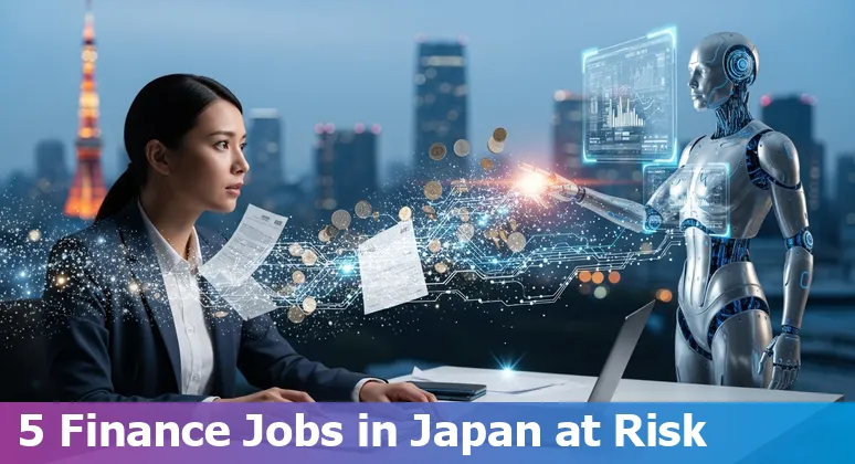 Japanese bank staff and AI data overlay illustrating finance jobs adapting to AI