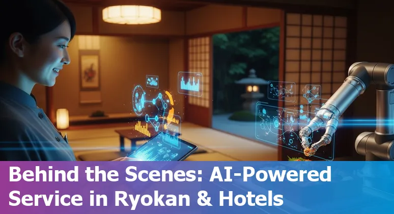 Hotel lobby with humanoid robot concierge and Japanese staff using AI tablets — hospitality in Japan 2025