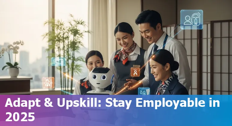 Hospitality worker using AI tools at a Japanese hotel front desk, showing human‑AI collaboration.