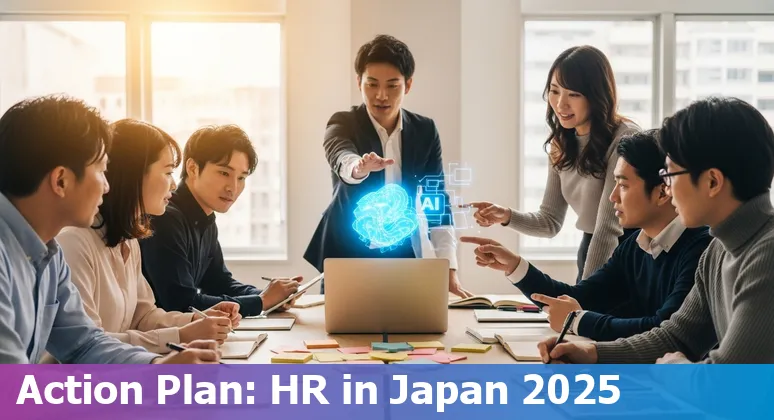 Illustration of HR professionals and AI tools in a modern Japan office skyline, 2025