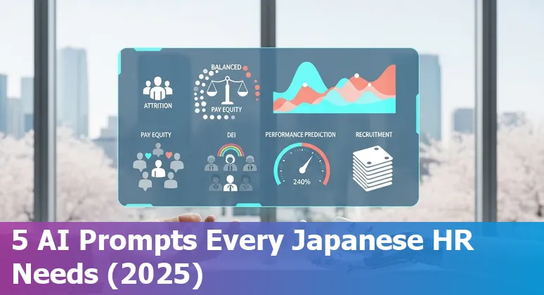 HR professional in a Japanese office using an AI-powered dashboard showing attrition, DEI, performance and recruitment charts