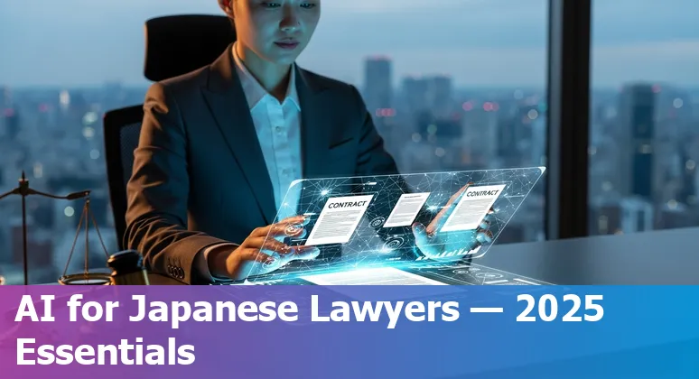 Legal professional using AI tools in Japan in 2025, laptop and law books with AI visualization in the background in Japan.