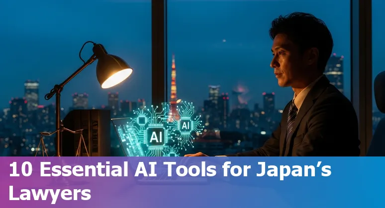 Collage of AI tool logos and legal icons representing top AI tools for Japanese lawyers in 2025