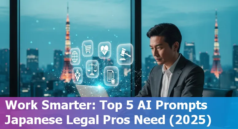 Japanese lawyer using AI prompts on laptop with Tokyo skyline and legal books