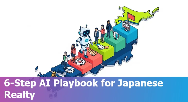 Illustration of AI applications in Japan real estate: Tokyo skyline, data pipelines, and smart buildings in Japan.
