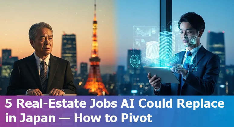 Real estate agent guiding elderly Japanese clients through a VR property tour with Tokyo skyline in the background and AI icons.