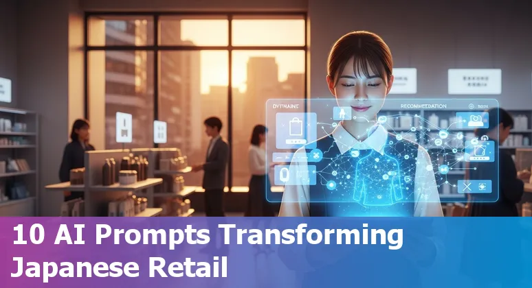 Illustration of AI use cases in Japanese retail: recommendations, robotics, computer vision, and privacy compliance icons.