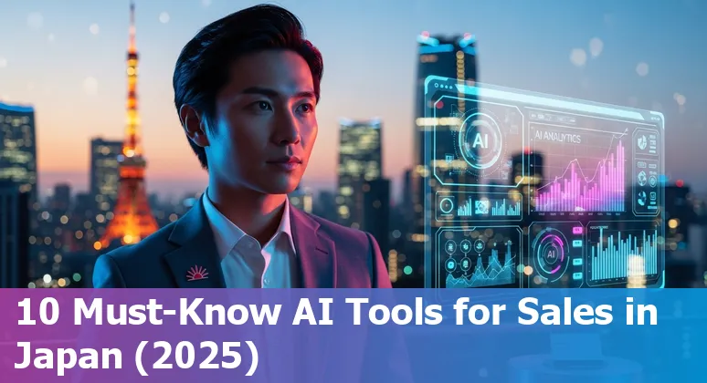 Collage of AI sales tools logos (ChatGPT, DeepL, Salesforge, Instantly.ai, AiSDR, Reply.io, Tryscout.ai, Gong, Clari, Otter) with Tokyo skyline.