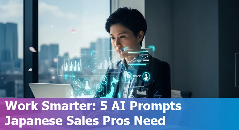 Japanese sales professional using AI prompts on a laptop with icons for research, personas, MEDDIC, executive slides, and outreach.