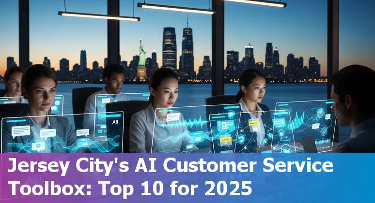 Customer service agent in Jersey City using AI tools on a laptop with chat and analytics dashboards.