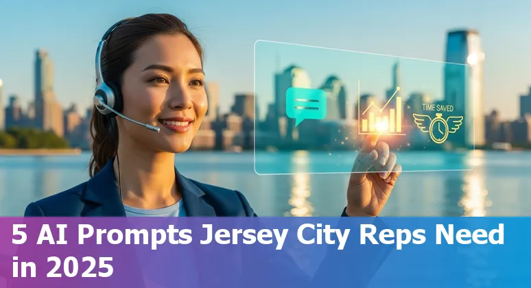 Customer service agent using AI prompts on a laptop in Jersey City office with skyline view.