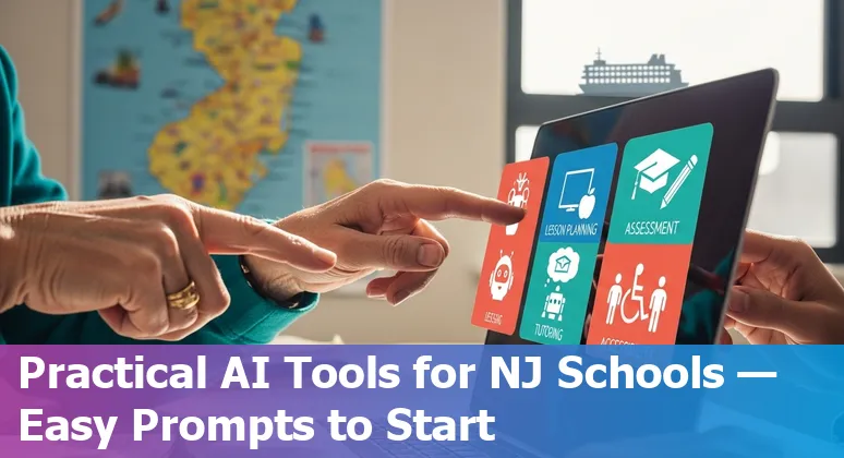 Teacher using AI-powered lesson planning on a laptop in a Jersey City classroom, with diverse students in background.