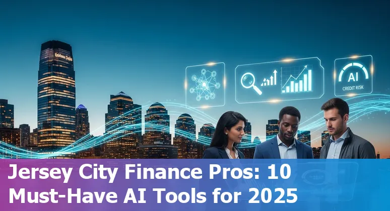 Collage of AI icons and Jersey City skyline with finance professionals working on laptops