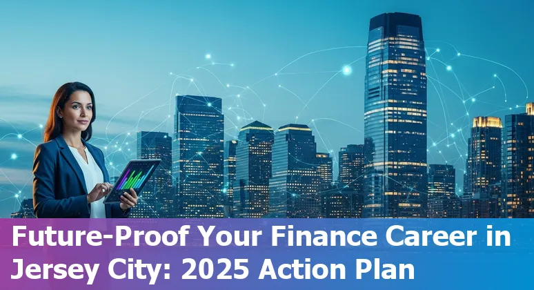 Finance professional using AI tools in Jersey City, New Jersey skyline in background