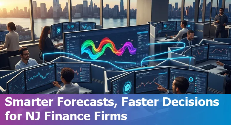 AI-powered dashboard showing cost savings and fraud alerts for Jersey City, New Jersey financial services