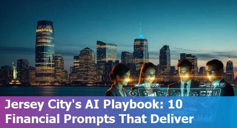 Business professional using AI prompts on laptop in a Jersey City financial office with skyline view.