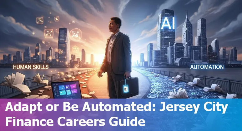 Businessperson reviewing finances with AI hologram overlay, Jersey City skyline in background