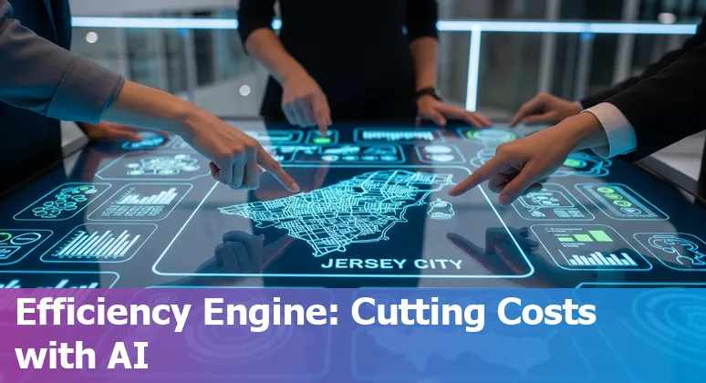 Officials in Jersey City, New Jersey, US reviewing AI-powered dashboards showing cost savings and efficiency gains
