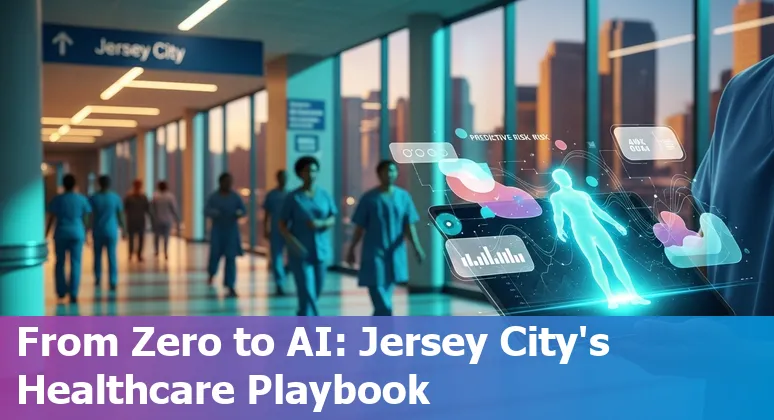 Healthcare AI team meeting with Jersey City, New Jersey skyline — AI deployment planning and EHR integration in 2025