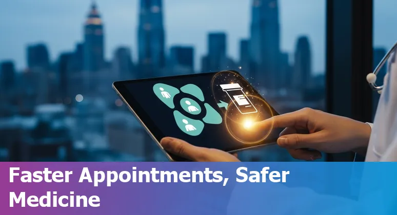 Healthcare worker using a tablet with AI assistant icons over a Jersey City skyline background