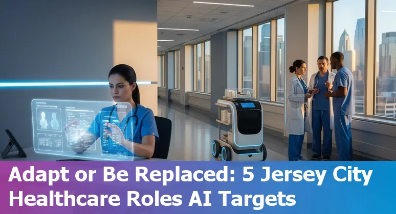Healthcare worker using AI tools with Jersey City skyline and pharma company logos in the background