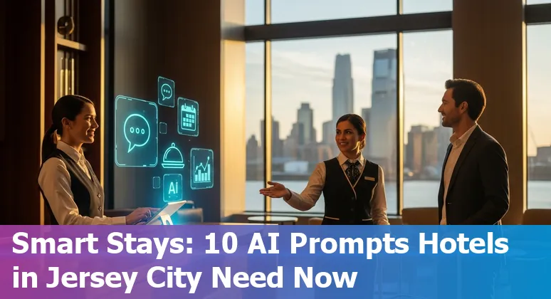 Hotel front desk tablet displaying AI chatbot messages with Jersey City skyline in the background